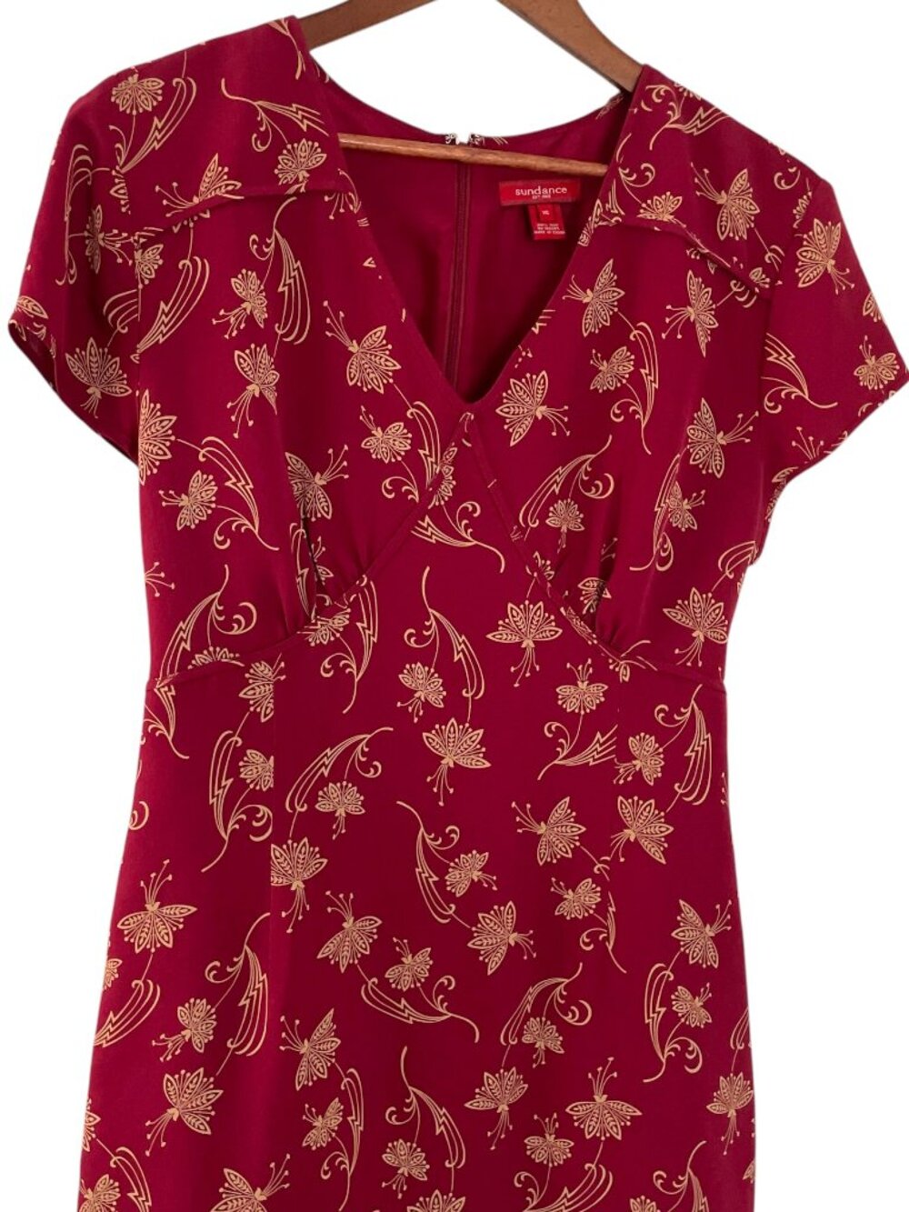 Vintage Y2K Sundance A Line Midi Sun Dress Size 16 Burgundy Red Floral 100% Silk